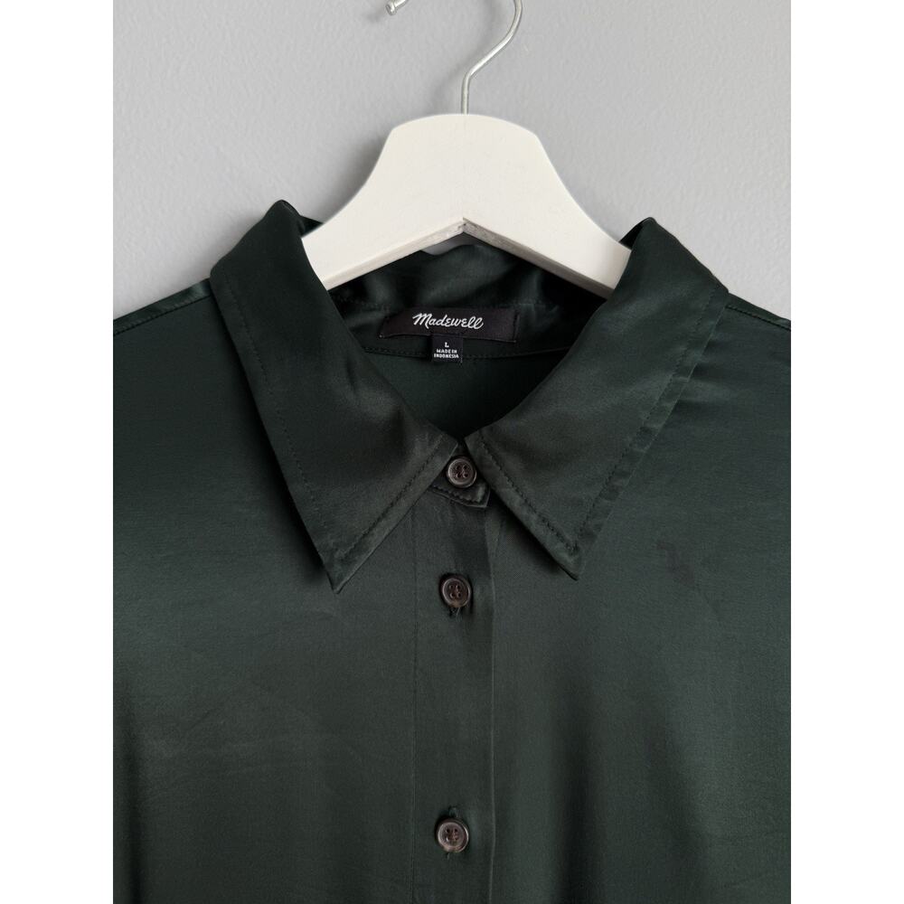 Madewell Green Satin Button Down Shirt Dolman Sleeve Oversized Relaxed Size L - Picture 2 of 8